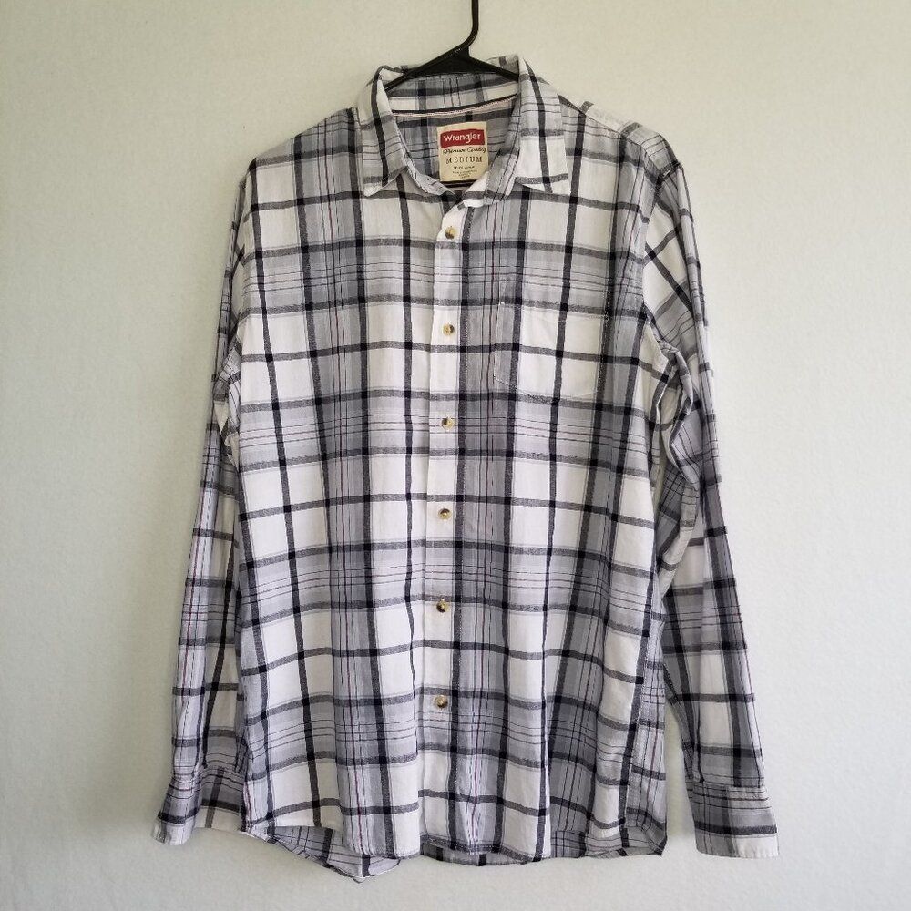 Wrangler Plaid Western Shirt Men's Medium Button Down Cotton Blue White